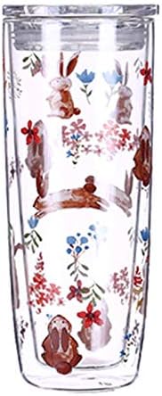 Teacup Double Glass Cup Large Capacity with Lid Heat-Resistant Household Cold Water Cup, 500Ml-Rabbit
