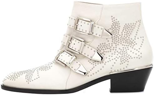 Comfity Boots for Women,Women's Leather Boot Rivets Studded Shoes Metal Buckle Low Heels Ankle Studded Booties