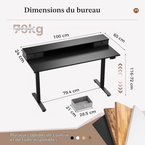 Bureau électrique réglable en Hauteur 100x60 cm avec 2 tiroirs