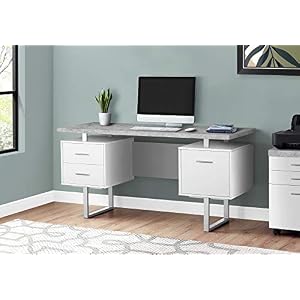 Monarch Specialties Contemporary Style-Home & Office Writing Table with Drawers and Metal Legs Computer Desk, 60″ L, White/Cement-Look