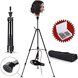 Klvied Metal Adjustable Tripod Wig Stand, Mannequin Head Holder Stand, Canvas Block Wig Head Stand for Hairdryer, Hair Salon, Hairdressing, Cosmetology Training with T-Pins, Portable Travel Bag, Black