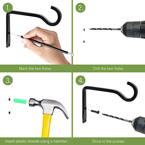 LotFancy 2pc Wall Hooks for Hanging Plants Outdoors, 6 inch Black Iron Metal Hanger Bracket for Hanging Baskets Indoor, Lantern, Bird Feeders, Wind Chimes, Home Décor, with 2 Extra Small Hooks