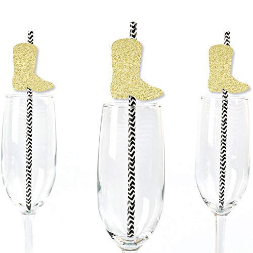 Gold Glitter Cowboy Boot Party Straws - No-Mess Real Gold Glitter Cut-Outs and Decorative Western Baby Shower, Birthday or Bachelorette Party Paper Straws - Set of 24