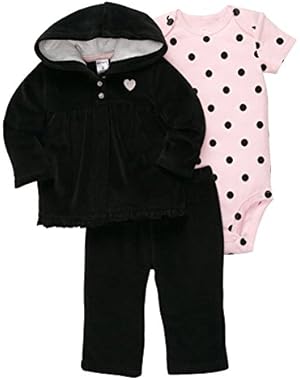 Carters Infant Girls 3 Piece Set Black Velvet Hoodie Stretch Pants Dot Shirt