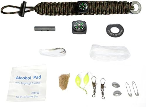 DANGER ZONE Ultimate Paracord Survival Bracelet Kit FULLY LOADED with Fire Starter (Flint Rod), Compass, Fishing Gears, Swivels, Flint Rod, Alcohol pad, Tinder, Pins. COLOR: Army Green Camo