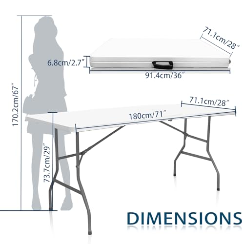 HiEthan 6FT Folding Table, Portable Heavy Duty Plastic Collapsible Card Table with Carrying Handle, Indoor Outdoor Use for Party Picnic Camping Barbecues