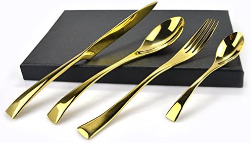 Yummy Sam Titanium Flatware Golden Stainless Steel Dinnerware sets 4 Pieces Knife fork Dinner Spoon Coffee Spoon Luxurious Perfect for Birthday Gifts Christmas Gift with Black Gift Case.