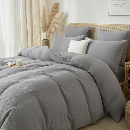 41DMUYU+jCL Luofanfei Graue Muslin Bettwäsche 200X220 Grau Baumwolle Renforce Einfarbig Sommer Kühlende Boho Bettwäsche Set Knitterlook Weiche Bettbezug Bügelfrei Mit Reißverschluss Und Kissenbezüge 80X80Cm