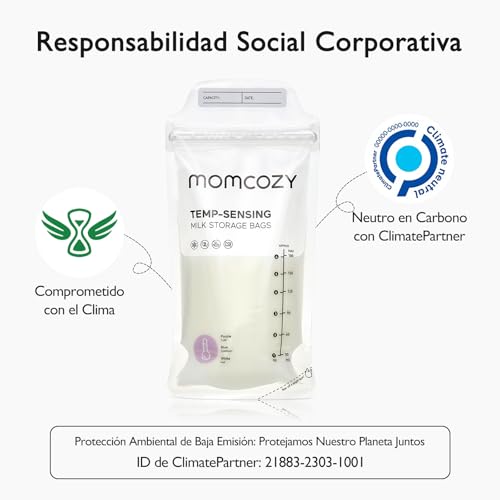 Momcozy Bolsas para Leche Materna, Bolsas con Indicador de Temperatura para Lactancia, Bolsa Desechable Autoportante 6 oz, Bolsas para Congelar con Cierre Seguro, 50 pzas