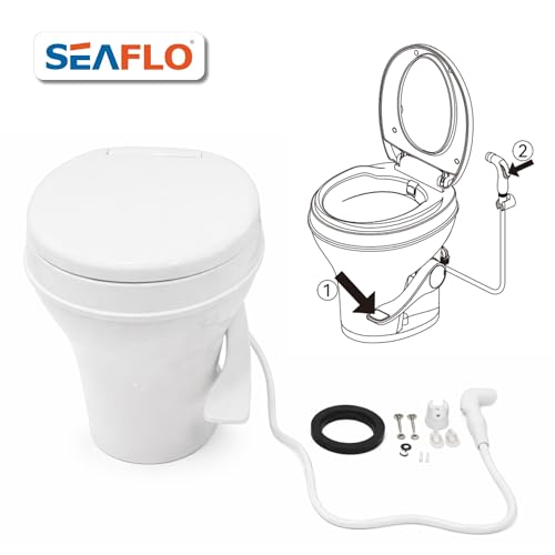 SEAFLO RV Toilet with Sprayer Attachment - White, 18.4” Residential Height, Gravity Flush Foot Pedal Camper Toilet Soft Close Seat Elongated Bowl Motorhome, 4-Year Warranty, SFRTPH-01-02