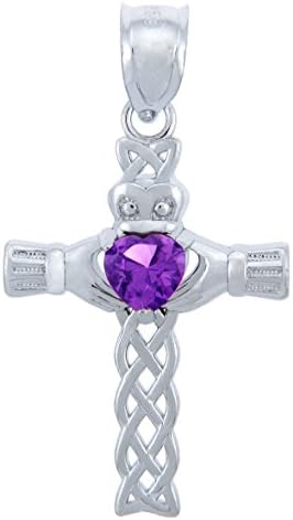 Febuary Birthstone Violet Heart CZ Sterling Silver Claddagh Cross Pendant