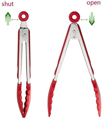 Red 9 &12 Inches Heat resistant Silicone Portable Stainless Steel Kitchen Salad Tongs with Cooking Grill Tips