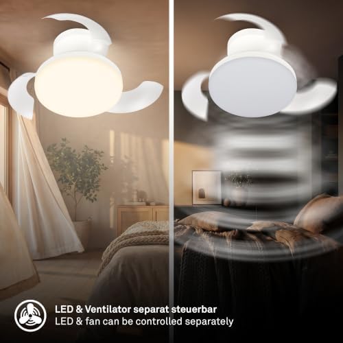 - LED Deckenventilator mit Beleuchtung, Fernbedienung, Leiser DC-Motor, 3 Geschwindigkeiten, Flügel ausfahrbar, CCT, Dimmbar, Lampe mit Ventilator, Ventilator Deckenleuchte, 44x16,5 cm, Weiß