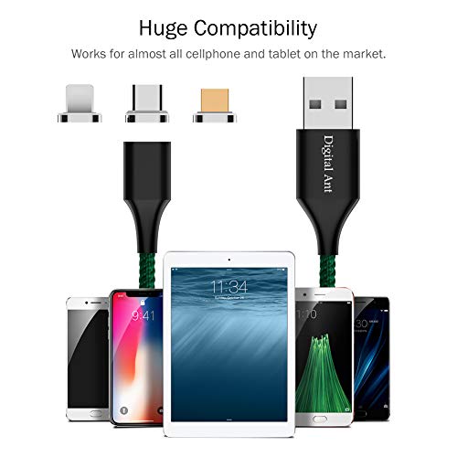 Digital Ant Gen-X Micro USB + USB-C/Type-C + i-Product 3 Tips in 1 Nylon Braided Magnetic Charging Cable, Support 3.0A Fast Charging & Data Transfer (Green 3-Pack, 5 Feet)