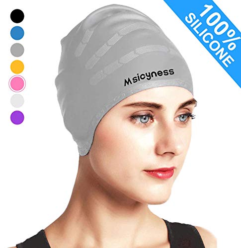 Msicyness Swim Casp for Men and Women Long/Short Hair Silicone Stretchy Swimming Hats Cover Ears Unisex Adult Size
