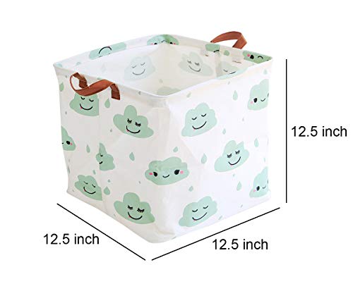 Square Storage Bins Canvas Collapsible Storage Basket with Handles Toy Organizer for Nursery, Kid's Toys, Closet & Laundry, Gift Basket (Green Cloud) - Thumbnail 2