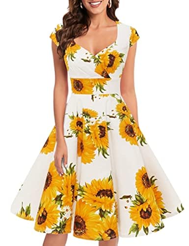 Sunflower Dresses for Women White Vintage Floral 1950s Cocktail Prom Summer  Party Dress White Sunflower M in Oman Whizz Cocktail