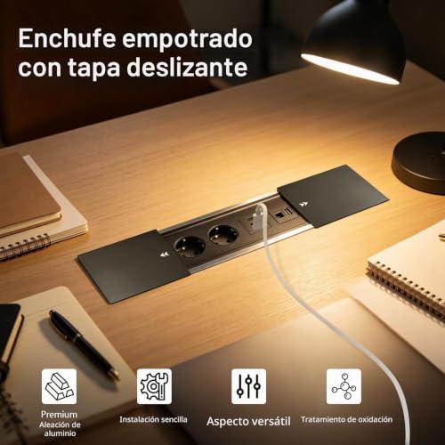 Aluminium Recessed Table Plug, Retractable Socket Outlet with 2 Sockets, 2 USB Ports and Type C+HDMI+Cat 6, 250V/16A Recessed Power Strip for Desks, Work Tables, Dining Tables