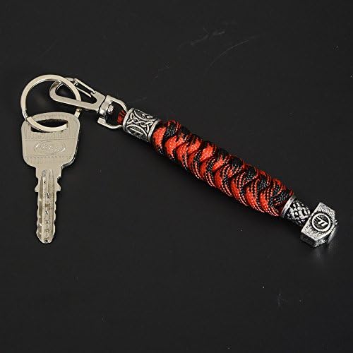 Viking Mens Paracord Lanyard Keychains-Handmade Keyring with Viking Rune Beads Norse Thor's Hammer Beads Braided 550 Paracord Keychain Black Viking Jewelry Gift for Men and Women (Red)