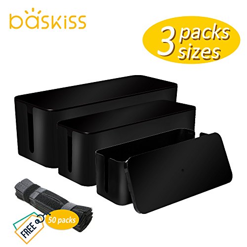 [Set of Three] Cable Management Boxes Organizer, 50 Wire Ties, Large Storage Holder for Desk, TV, Computer, USB Hub, System to Cover and Hide & Power Strips & Cords - Thumbnail 7