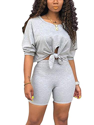 Two Piece Outfits for Women Sexy - Sexy Long Sleeve Crop Tops + Skinny Shorts Tracksuit Small Grey