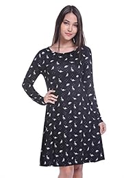 fancyqube - Vestido de manga larga con estampado, línea A, bolsillos laterales