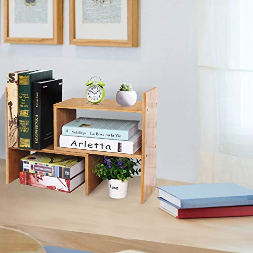 VSADEY Desk Storage Organizer Bamboo Adjustable Desktop Organizer Display Shelf Rack Bookshelf, Office Supplies Desk Organizer, Natural Wood