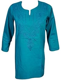 Mogul Womens Tunic Top Cotton Chikan Floral Embroidered Bohemian Indian Shirt S