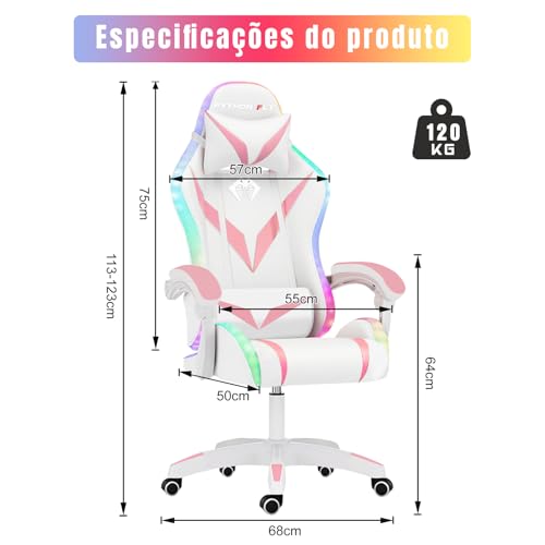 Cadeira Gamer RGB Python Fly com Iluminação Decorativa, Encosto Reclinável, Design Ergonômico para Escritório e Jogos (Rosa)