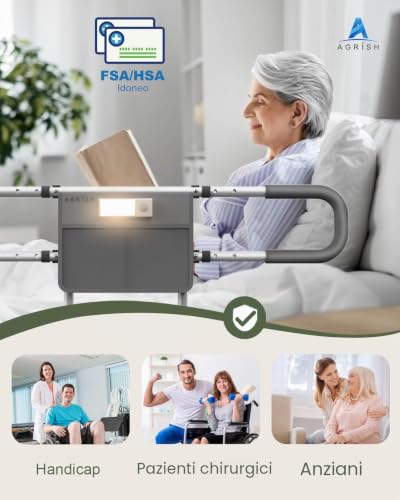 Agrish Bed Rail with Riser Handle and LED Light | Adjustable, with storage pocket and fits double and king size beds; ideal for seniors, convalescents and disabled
