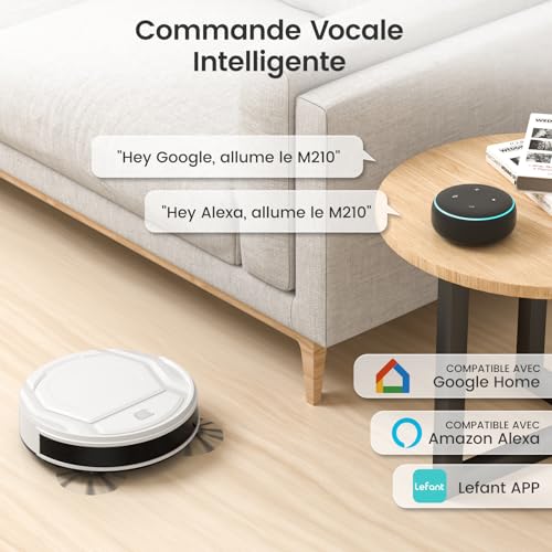 M210 Aspirateur Robot, Robot Aspirateur Autonomie Mince Silencieux, Connecté avec WiFi/Alexa/App, 3 Modes d'aspirations, Programmable, Idéal pour Les Poils d'animaux Tapis Sols Durs, Blanc