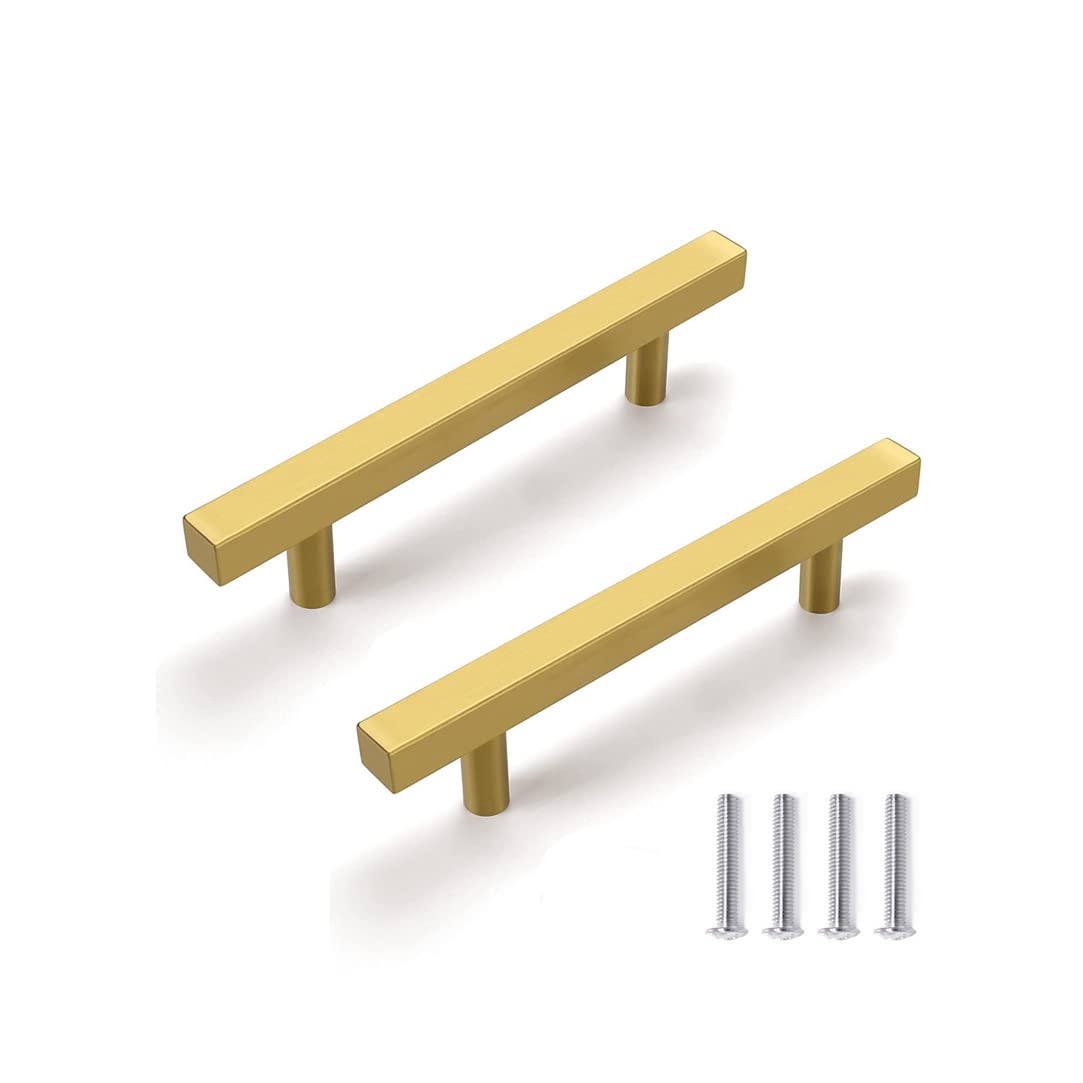CONPHERON 2 Pcs Gold Drawers Handles Gold Cupboard Handles Brushed Brass Kitchen Handles Stainless Steel Square Cabinet Handles Hardware T Bar Drawer Pull Door Handles 160mm