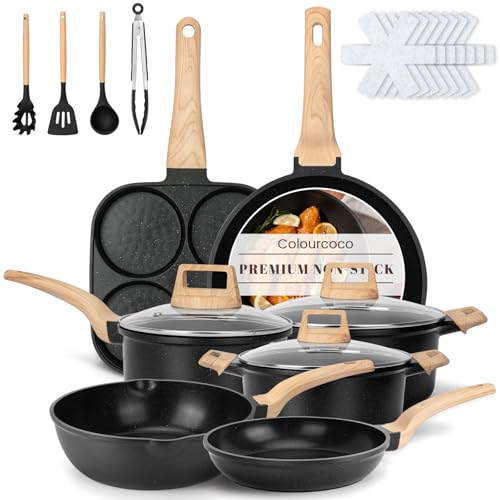 Colourcoco Pots and Pans Sets - 21 Pieces Non Stick Granite Coating Pans with Handles & Lids, Induction-Compatible Cooking Set with Utensils, Pads and Stockpot, Oven Safe