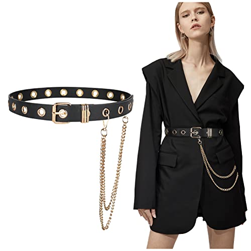 FIORETTO Grommet Leather Belt with Detachable Chain Women Men Punk