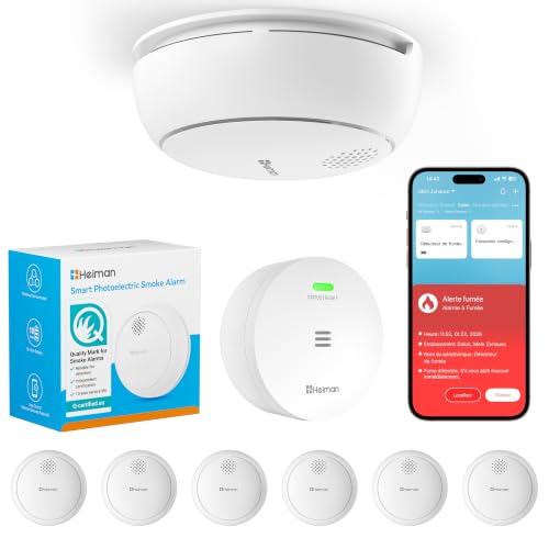 Heiman Connected Smoke Detector – Pack of 6 with Gateway & App Control, 10 Year Battery, Certified to 14604, Q-Label, Smoke Detector with Magnetic Attachment, White