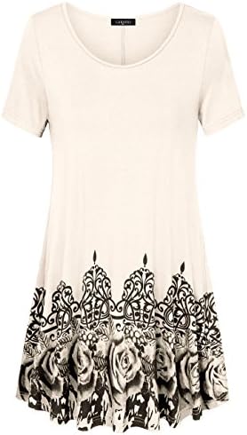 Laksmi Womens Printed Flow Tunic Shirts, Short Sleeve Scoop Neck A Line Loose Fit Casual Top