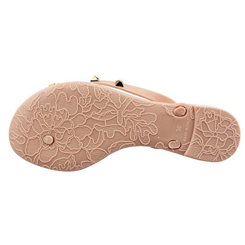 Utop Women’s Rivets Bowtie Flip Flops Jelly Thong Sandal Rubber Flat Slipper Summer Beach Rain Shoes Womens Gold Rivet Studded Bow Jelly Thong Flip Flop Sandals (US7.5=EU39=24.5CM, Beige Pink)