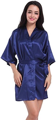 SIMJOY Women's Satin Short Kimono Robe Plain Dressing Gown Bathrobe Bridal Party Robe, Navy Blue, Large