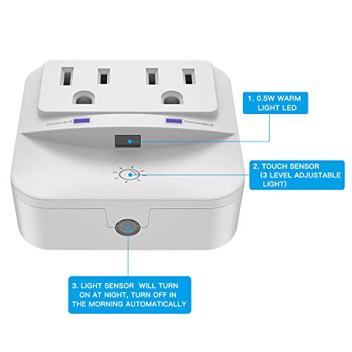 Surge Protector, Plug-in Night Light with 2-Outlet Extender, POWRUI Warm White LED Nightlight with Dusk-to-Dawn Sensor for Bedroom, Bathroom, Kitchen, Hallway, Stairs, 3-Pack - Thumbnail 2