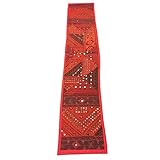 Mogul Red Table Throw Embroidered Handicraft Patchwork Traditional Indian Tapestry Table Runner