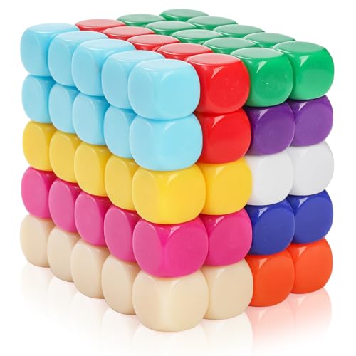 Noamus 100 Pieces Blank Dices, 16MM Acrylic Colored Dice Cubes, Assorted Color DIY Dices, Six Sided Bulk Dice for Board Games, DIY Sticker, Math Counting Teaching (10 Colors)
