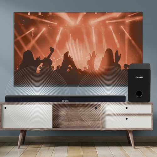 Aiwa Barra de Sonido 2.1 Canales 100W RMS con Subwoofer Integrado Bluetooth USB AUX RCA AWSBH1WW – Soundbar para TV de 1 m, Modo Manos Libres, Montaje Interior