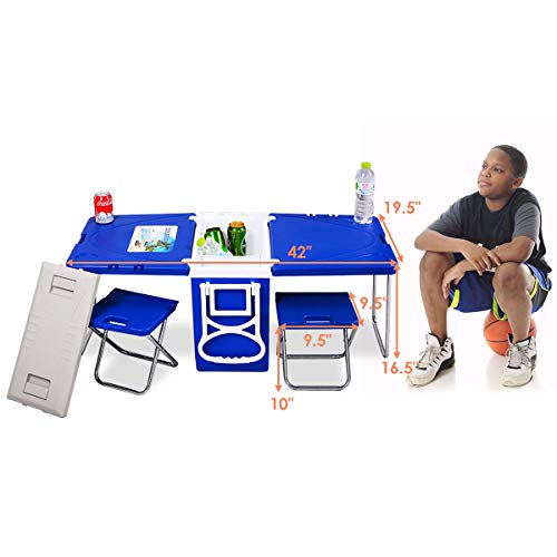 Giantex Multi Function Rolling Cooler Picnic Camping Outdoor w/ Table & 2 Chairs Blue - Thumbnail 2
