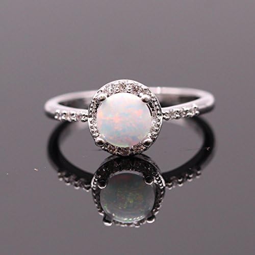 Silver Plated Ring Fine Round White Opal Crystal Ring Jewelry Stone Zircon Ring (6, Silver Plated White)