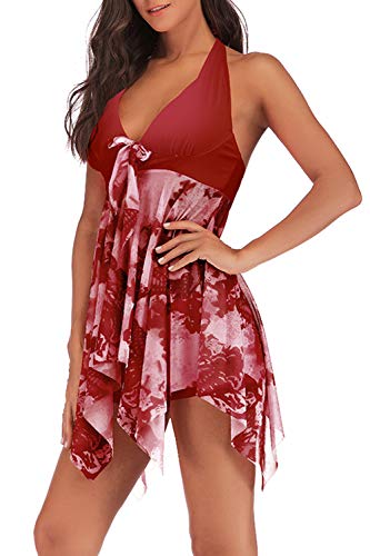SENSERISE Womens Halter Swimdress 2 Piece Swimwear Print Tankini Swimsuit with Boyshort