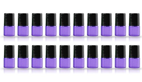20 Pack Set 1ML Mini Sample Roll Glass Bottles for Essential Oils Roller Refillable Perfume Roll Bottle (Purple)