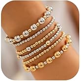 MOEEIJEW Chunky Gold Bracelets for Women Stackable Bracelets Big Gold Silver Ball Bangle Stretch Beaded Bracelets Jewelry