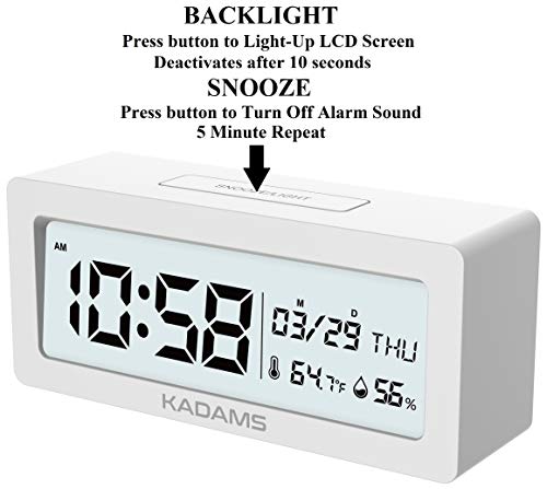 KADAMS Battery Digital Alarm Clock with Snooze, Backlight, Calendar Month Date Day, Temperature and Humidity, Low Battery Indicator, Small Portable Travel Clock, Desk Clock for Shelf Table - White - Thumbnail 2