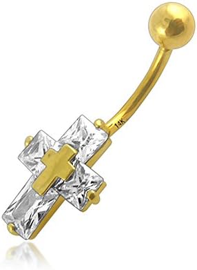 14K Solid Yellow Gold Cross with CZ Stone Belly Ring - 14Gx3/8 (1.6x10MM) Banana with 5MM Ball