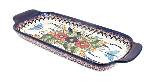 Click Here to See More Images Polish Pottery Floral Butterfly Bread Tray with Handles